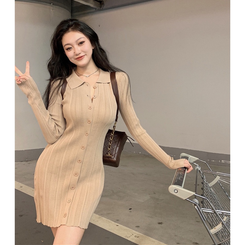 Đầm dệt kim tay dài cổ polo ôm eo thời trang mùa thu dành cho nữ