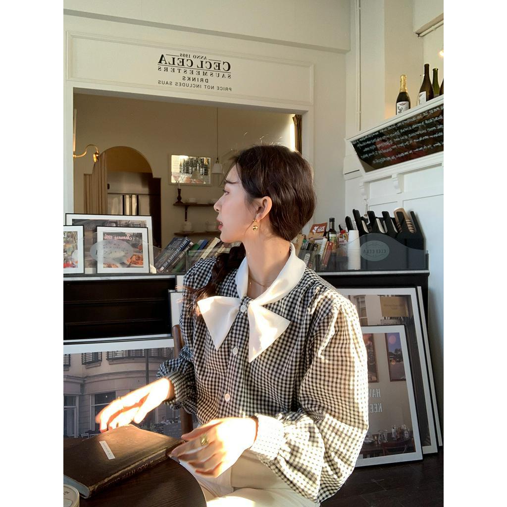 Áo Sơ Mi Dài Tay Rộng Thắt Nơ Màu Sắc Tương Phản 60802