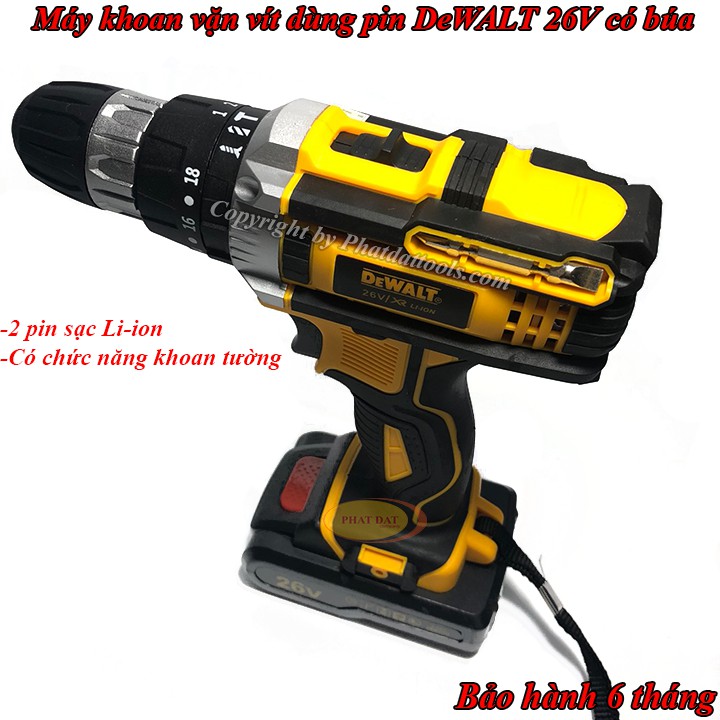 Máy khoan pin có búa DeWALT 26V đủ đồ-Máy khoan vặn vít dùng pin DW 26V 2 pin sạc li-ion-Bảo hành 6 tháng