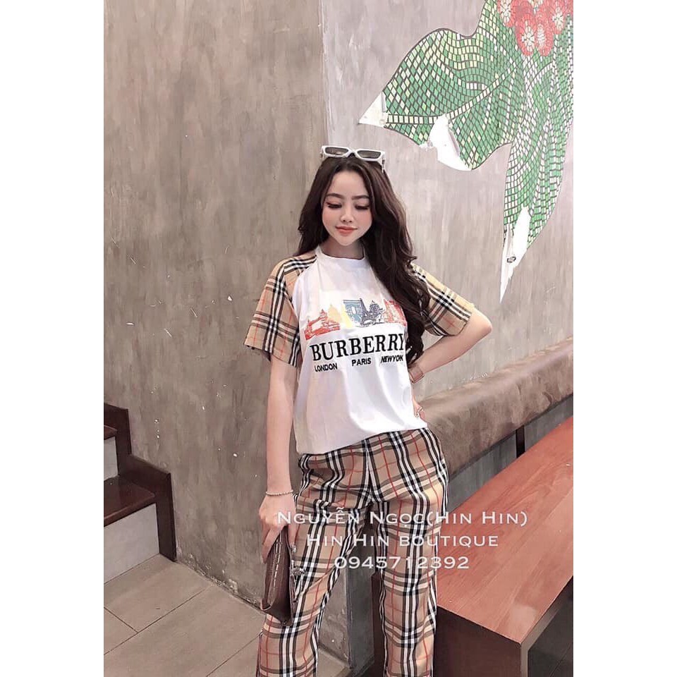 Bộ bbr quần kẻ dài phối màu hình in