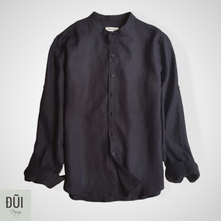 Áo đũi (linen) nam cài khuy cổ trụ dài tay đen M6