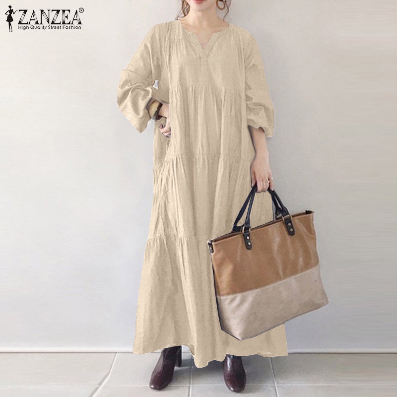 Đầm maxi Zanzea tay phồng dài cổ chữ V thời trang dành cho nữ
