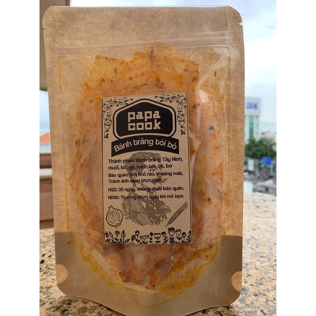 Bánh tráng tỏi bò cay mix gà Papacook đồ ăn vặt Sài Gòn bánh tráng Tây Ninh túi zip sạch sẽ - 70g | BigBuy360 - bigbuy360.vn