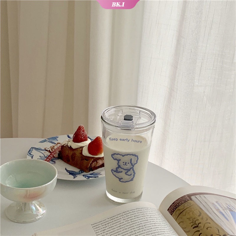 Bình Nước Thủy Tinh Trong Suốt Dung Tích 450ml In Hình Chú Chó Xanh Dương Dễ Thương Phong Cách Hàn Quốc Dành Cho Nữ