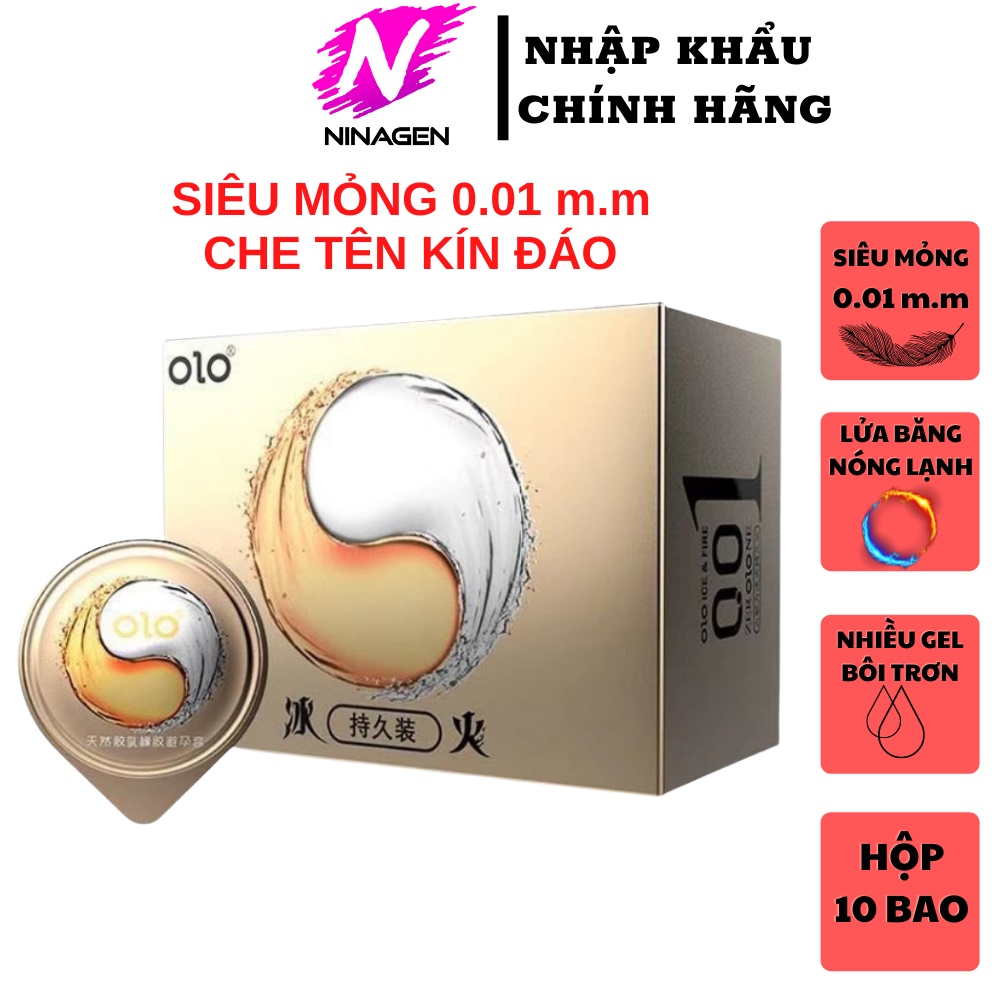 Bao cao su OIO 0.01 vàng lửa băng, nhiều gel bôi trơn, cảm giác mới lạ - Hộp 10 cái - NinaGen