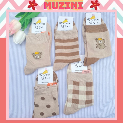Tất gấu Muzini tất cổ cao tone nâu nhiều hình phong cách Hàn Quốc cute TN214