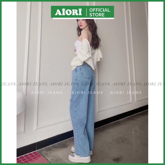 Quần Jean Ống Rộng Nữ Cao Cấp Rách Ngang Gối Aiori Jeans_Mã A047