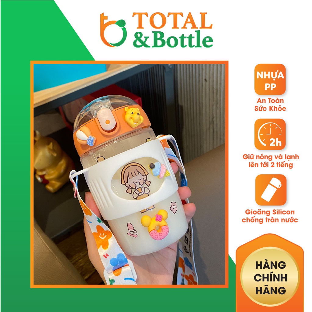 Bình nước học sinh, bình nước cho bé có ống hút, van chống tràn 380ml tặng kèm sticker 3D, túi đeo - Total Bottle