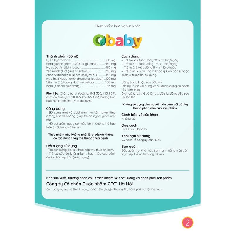 OBABY kích thích ăn ngon,tăng đề kháng .150ml