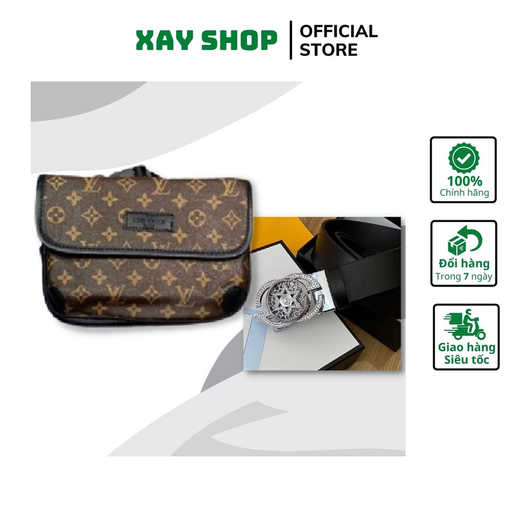 Combo Túi Nam Đeo Chéo Da Họa Tiết LV, Gucci, Dior Thời Trang Và Thắt Lưng Mặt Khóa Đúc Kim Loại Không Gỉ