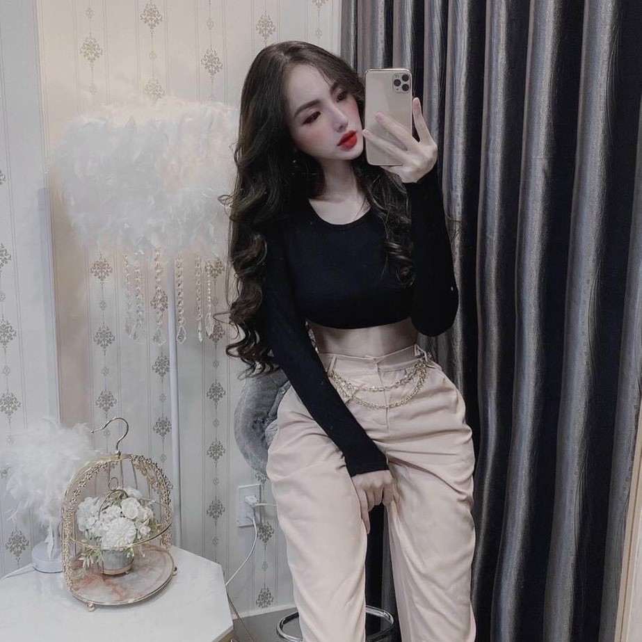 [Mã WARN30K hoàn 15% xu đơn 150k] Áo Croptop Tay Dài Dưới 55kg Cổ Trong Đen Trắng Thun Lạnh 