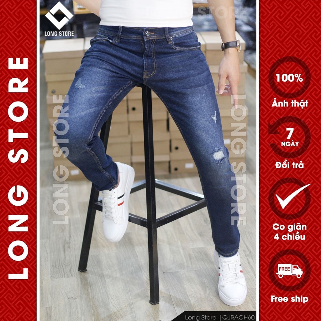 Quần jean nam rách gối màu xanh đậm ống đứng dáng ôm skinny chất bò co giãn cao cấp LONG STORE RACH60