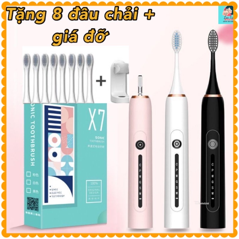 Bàn chải điện SONIC-X7 chống nước - tặng kèm 8 bàn chải + giá đỡ 6 chế độ rung, trục kim hoàn,dây sạc USB.BC03