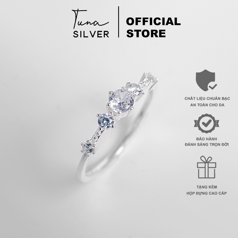 Nhẫn Bạc nữ đính đá cao cấp, Nhẫn bạc 5 đá lấp lánh TUNA SILVER 𝑪𝒂𝒎 𝒌𝒆̂́𝒕 𝒄𝒉𝒖𝒂̂̉𝒏 𝑩𝒂̣𝒄 TUNA SILVER Trang sức Bạc cao cấp