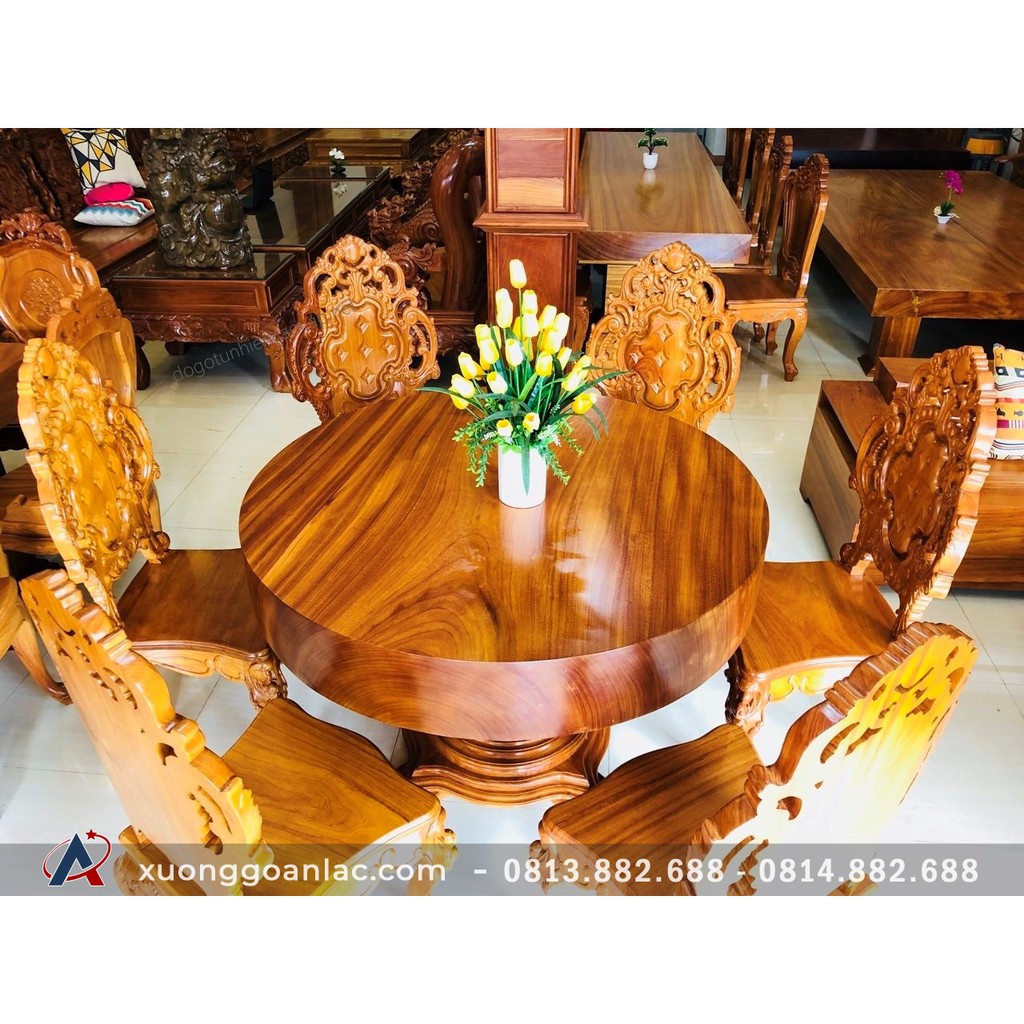 Bộ bàn ăn tròn nguyên khối gỗ gõ đỏ 8 ghế hoàng gia