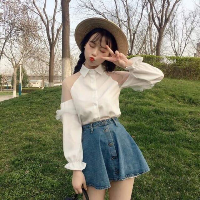 Áo sơ mi voan khoét vai ulzzang xinh tiểu thư
