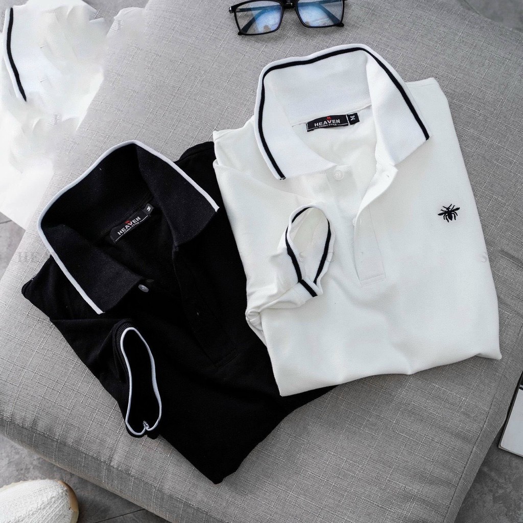 Áo thun Polo nam HEVEN thêu Ong cổ dệt bo dày dặn chất Cotton 100% kiểu dáng basic áo thun nam nữ có cổ unisex trắng đen
