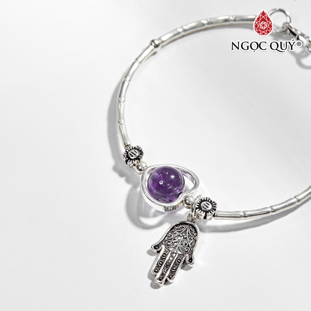 Vòng tay bạc 1 hạt TA tím phối charm bàn tay hamsa bạc - Ngọc Quý