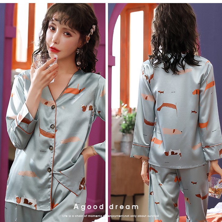 Pijama Lụa Satin Đẹp Tay Dài Quần Dài (42-78kg)  Đồ Ngủ Cổ V Dịu Dàng Cài KhuyIVY633