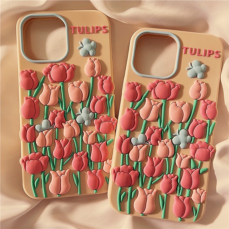 Ốp Điện Thoại Silicon Mềm Chống Sốc Hình Hoa Tulip 3D Cho iPhone 14 13 12 11 Pro Max XS XR X 8 7 6 6S Plus + SE 2020