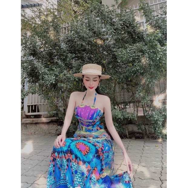 Đầm maxi đan lưng hoạ tiết thổ cẩm xanh - MIXIZ HOUSE