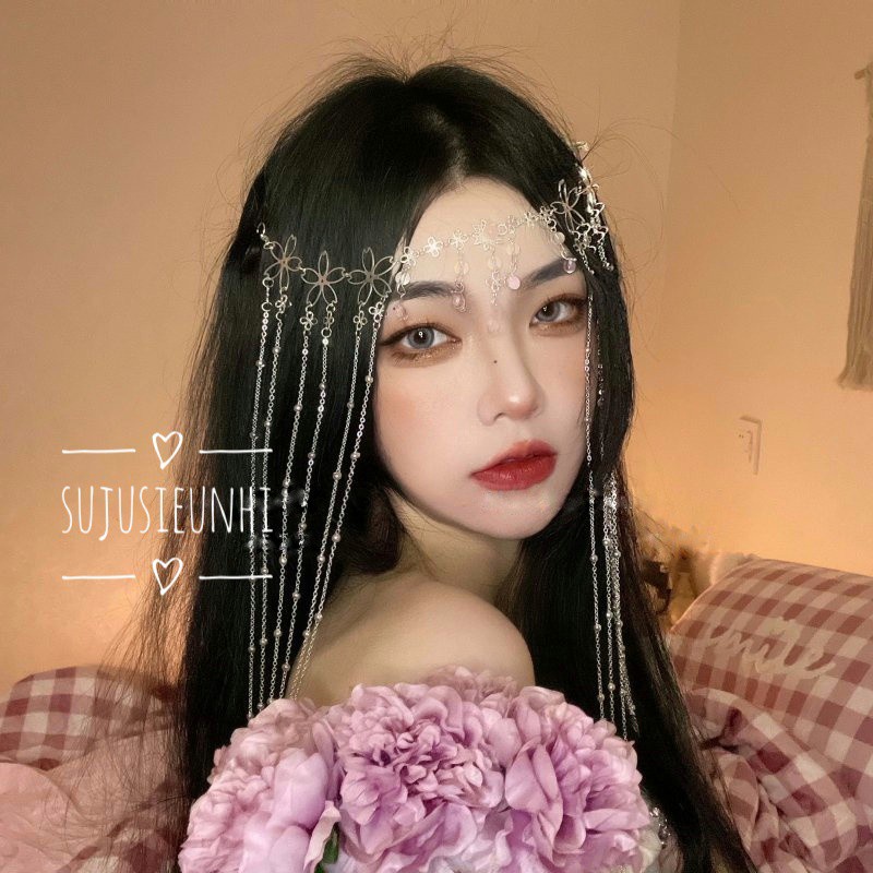 (Có video) Rèm che mặt cổ phong hình hoa và giọt nước hồng tua rua thả dài trang trí trán/ mạng che mặt cổ trang