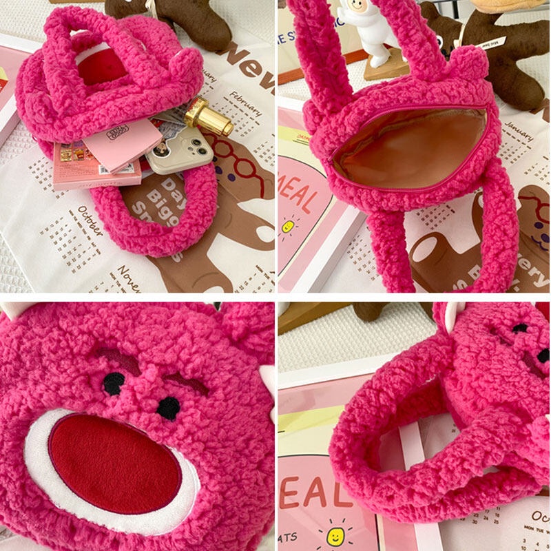 Túi gấu bông dâu tây Túi flannel xinh xắn phiên bản túi hoạt hình dung tích lớn của Hàn Quốc.