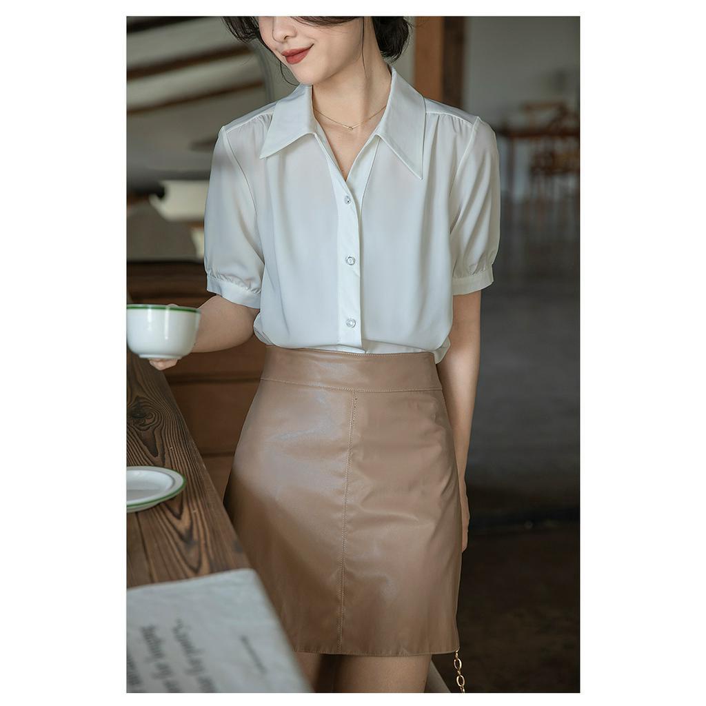 Áo sơ mi nữ cộc tay chất liệu lụa thoáng mát áo sơ mi nữ tay phồng tiểu thư có khuy đính ngọc thanh lịch