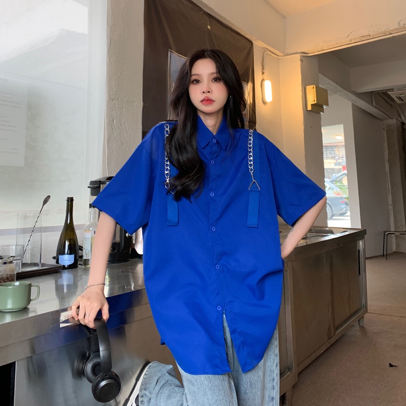 【ZHELIHANGFEI】Áo Sơ Mi Tay Dài Dáng Rộng Màu Xanh Klein Dễ Phối Đồ