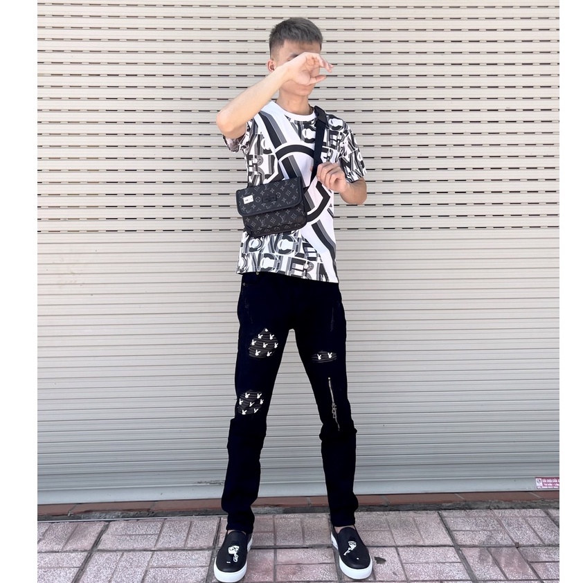 Quần Jean Amiri Nam Play Boy, Quần Bò Amiri Rách Vá Da Nhăn In Thỏ Quần Biker Cao Cấp Vải Bò Không Phai Màu