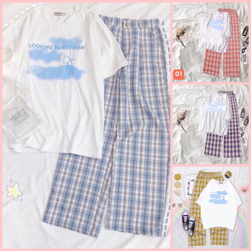Sét áo mây look + quần kẻ🍃Áo phông chất cotton mềm nịn🍃form thụng tay lỡ in hình 3d rõ nét🍃quần kẻ chất thô mền