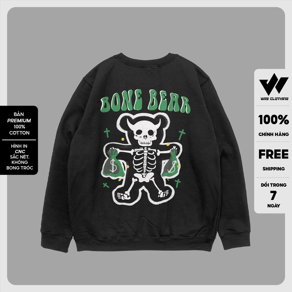 Áo sweater form rộng WIIS unisex Bone Bear oversize tay dài thời trang nam nữ ulzzang