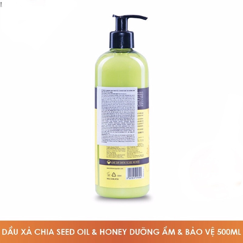 Dầu Xả Botaneco Garden Chia Seed &amp; Honey Conditioner Deep Moist &amp; Protect Dưỡng Ẩm Sâu và Bảo Vệ 500ml