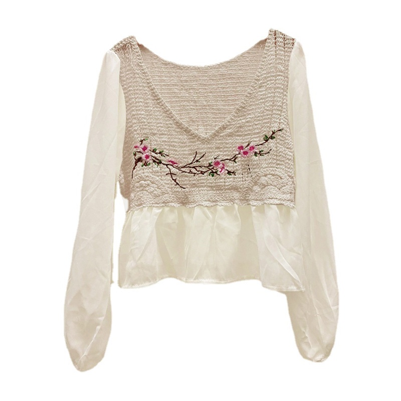 Brroa Áo Thun Đan Móc Tay Phồng Thêu Hoa Kiểu Retro Cho Nữ