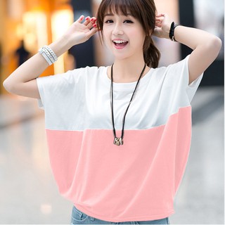 Áo Thun Cánh Dơi Fom Rộng Cổ Tròn 2 Màu Kết Hợp Che Eo
