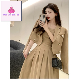 Set đi tiệc bigsize vest khoác + đầm xòe xếp ly sang chảnh