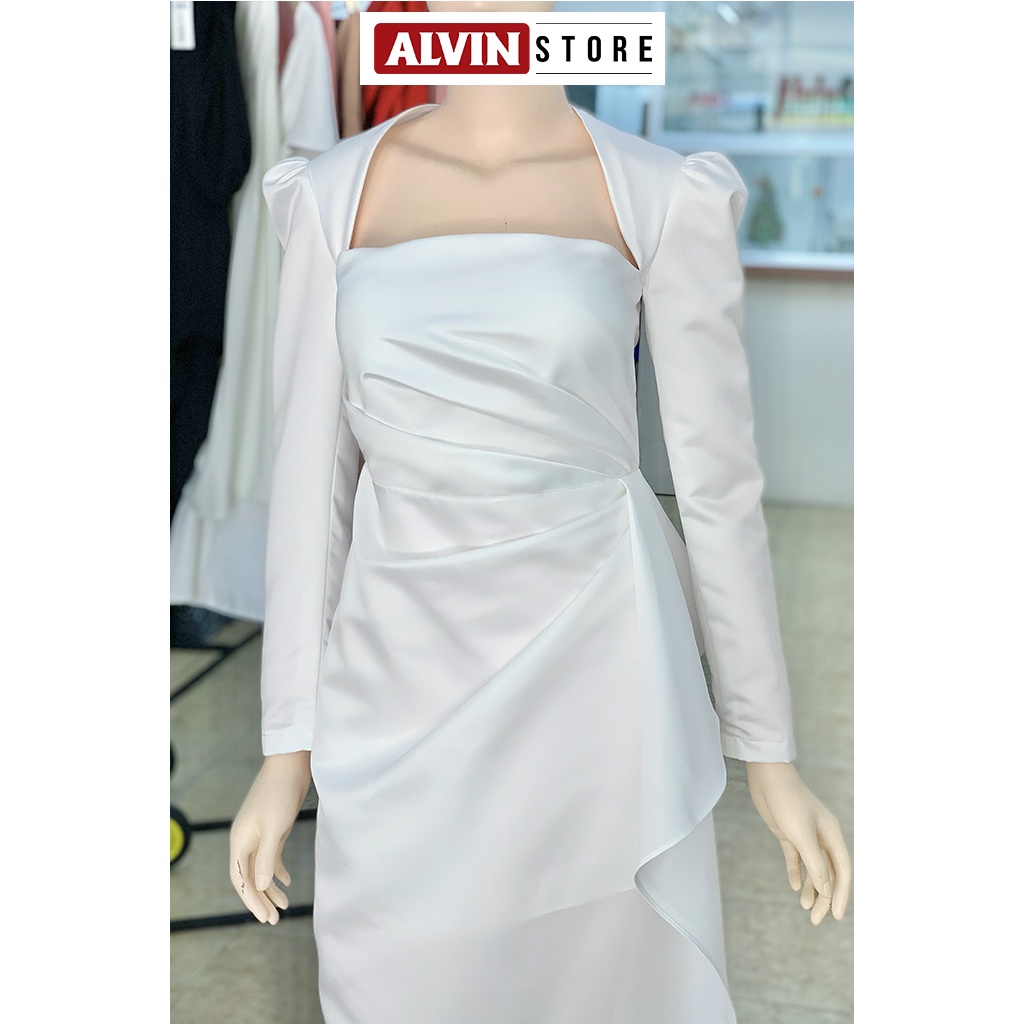 Đầm Dạ Hội Cúp Ngực Tay Dài Nhún Eo Xẻ Đùi Hợp Đi Tiệc Alvin Store 0989