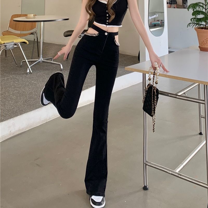 Quần Jeans Đen Lưng Cao Ống Loe Phối Dây Xích Thời Trang Cho Nữ
