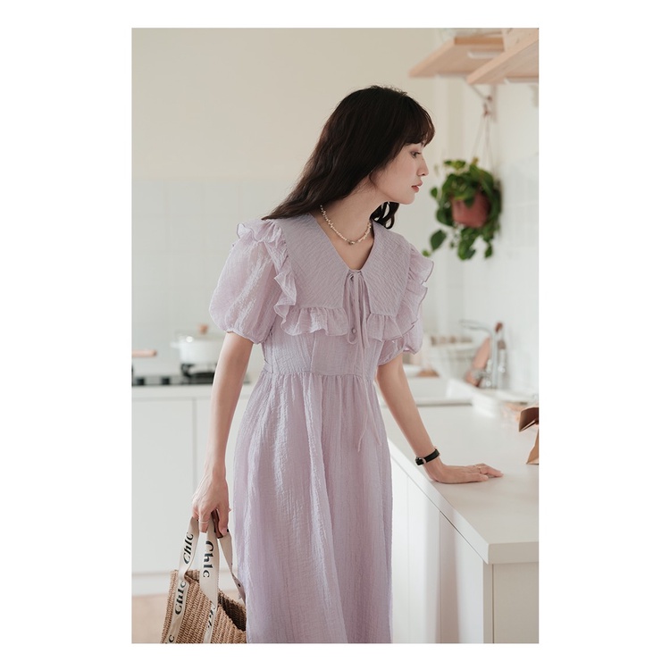 Váy tiểu thư đũi nhăn cổ sen bèo buộc dây cúc ngọc dáng xòe, đầm đũi suông dài dáng xòe xinh Kozoda D80