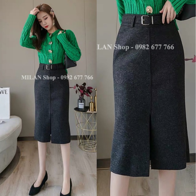 Chân váy dạ dài qua gối kèm đai trơn phom rộng | BigBuy360 - bigbuy360.vn