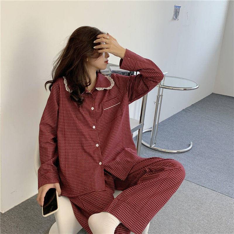 Bộ đồ ngủ tay dài cổ búp bê họa tiết kẻ ô màu xanh lá phong cách Nhật Bản thời trang cho nữ