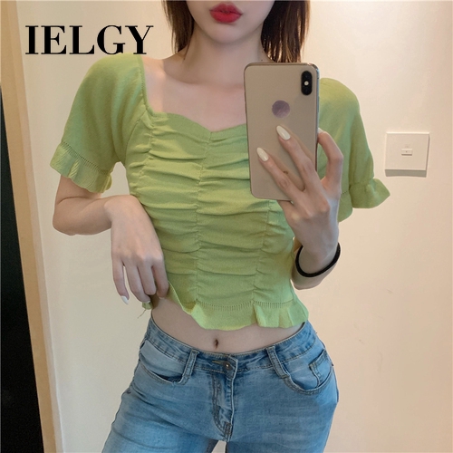 IELGY    Áo Thun Dệt Kim Ngắn Tay Hở Rốn Ôm Dáng Xếp Ly 7 Màu Sắc Tùy Chọn Cho Nữ