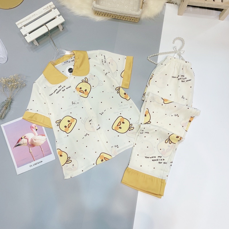 Đồ Ngủ�Đồ Bộ Pijama Lụa Tay Ngắn-Quần Dài Chất Liệu Satin Sang Chảnh