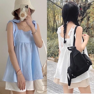 Set áo hai dây buộc nơ vai cách điệu phối quần đũi ống rộng siêu xinh