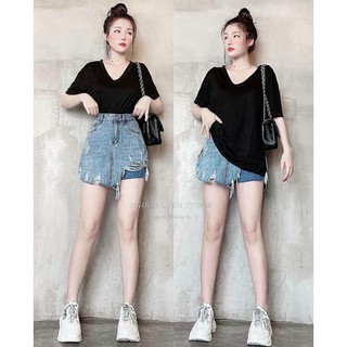 Chân váy jeans rách gối cạp cao