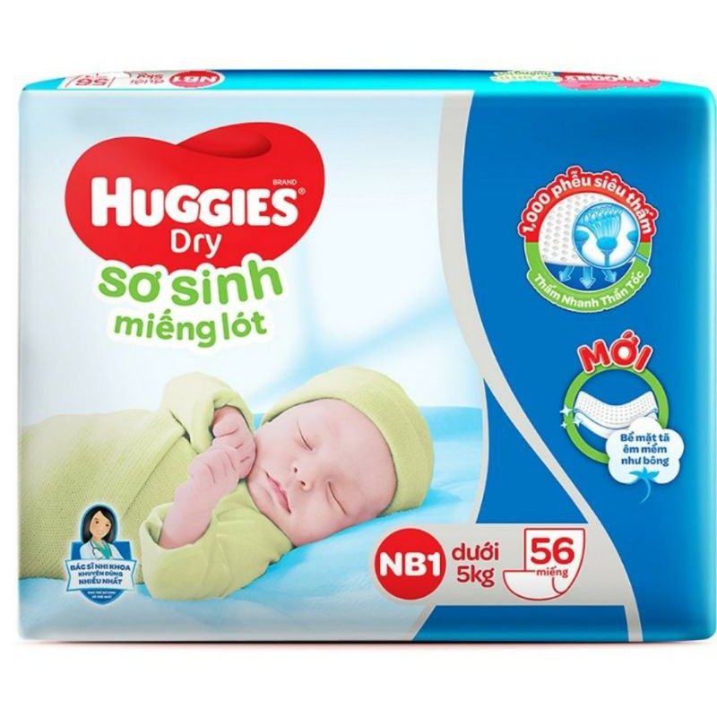 Miếng Lót Sơ Sinh Huggies Dry Newborn 1 - 56 (56 Miếng) - Bao Bì Mới[sale99]