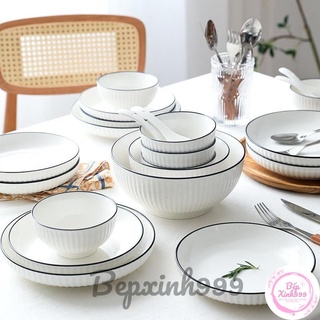 Bộ Bát Đĩa Sứ Trắng Viền Đen, Bát Ăn Cơm, Chén Dĩa Dễ Thương Decor Đẹp Cao Cấp Bepxinh999