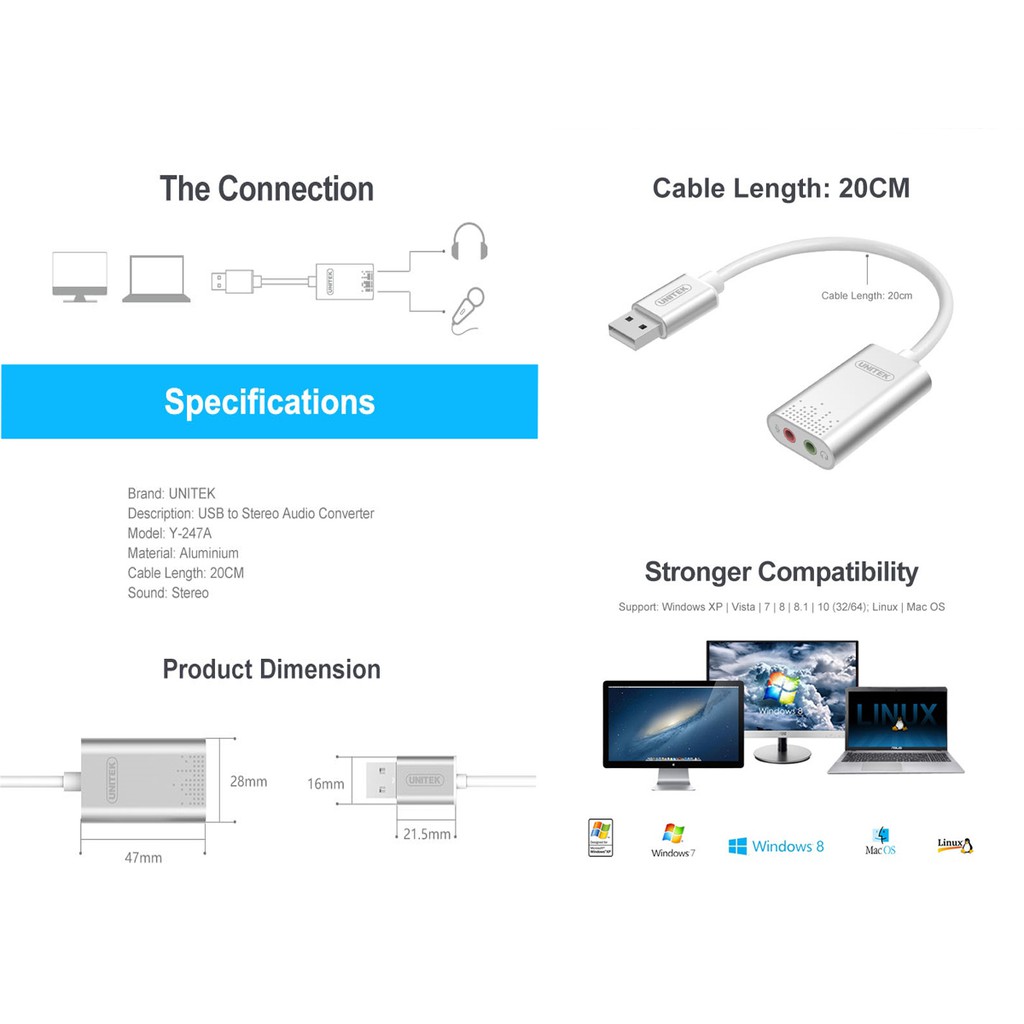 USB SOUND CỔNG CHUYỂN USB SANG LOA MÍC CHÍNH HÃNG UNITEK Y247