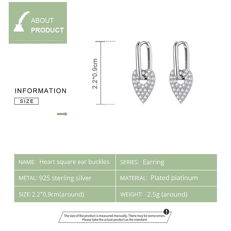 Bông tai BAMOER BSE569 làm bằng bạc 925 kiểu vuông gắn trái tim thời trang