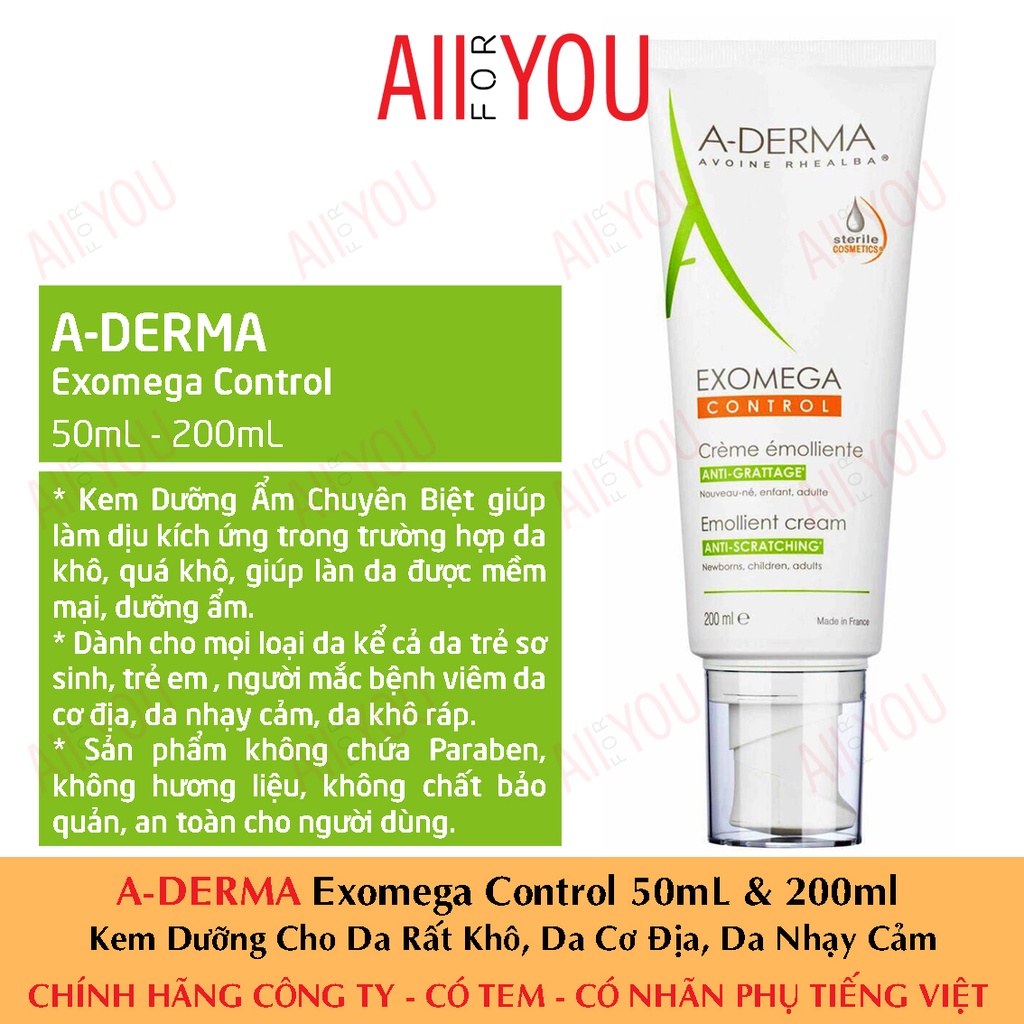 A-DERMA Exomega Control 50mL & 200mL - Kem Dưỡng Cho Da Rất Khô, Da Cơ Địa, Da Nhạy Cảm.